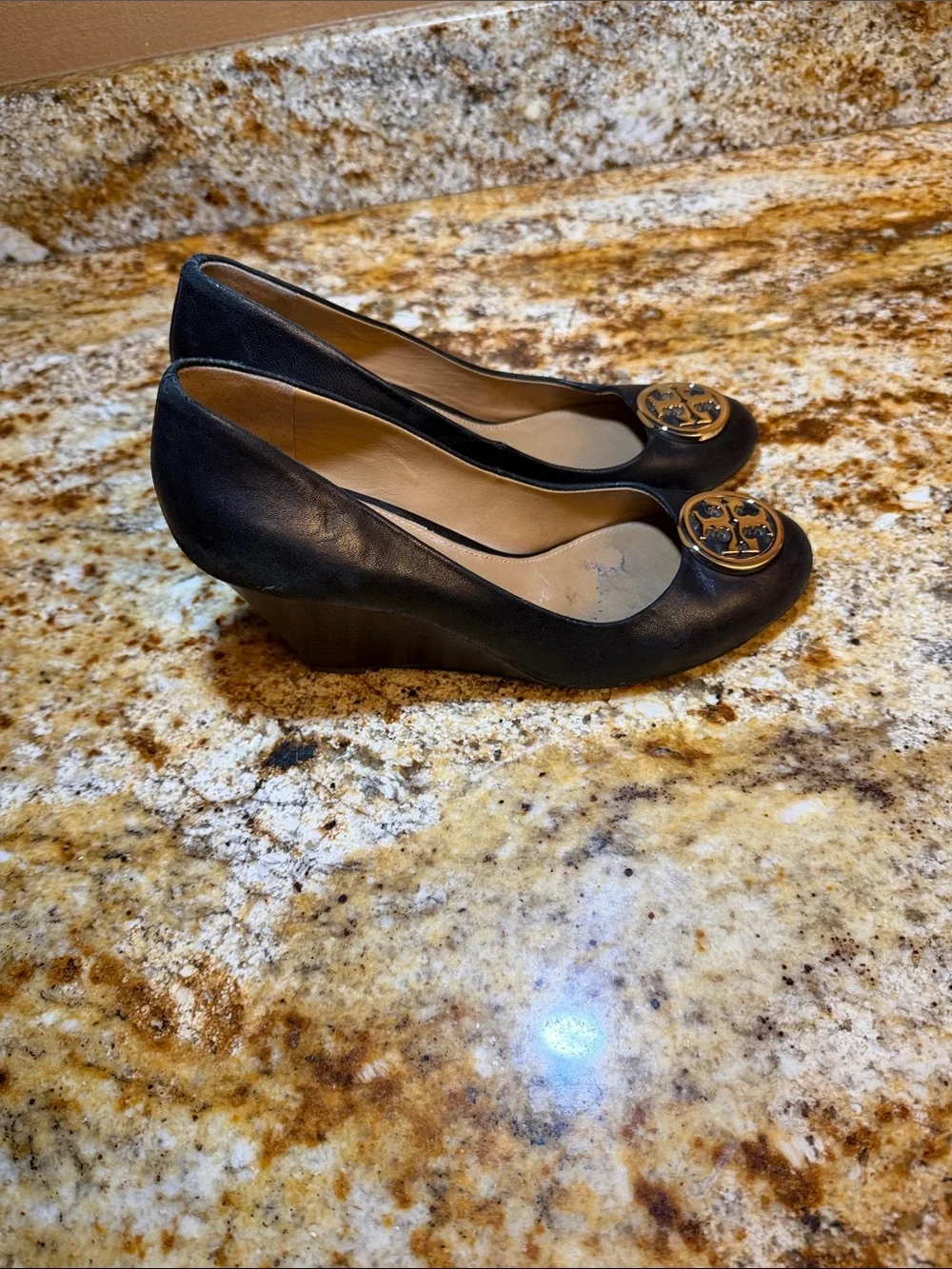 Tory Burch Black Leather Logo Pump with Gold Emblem